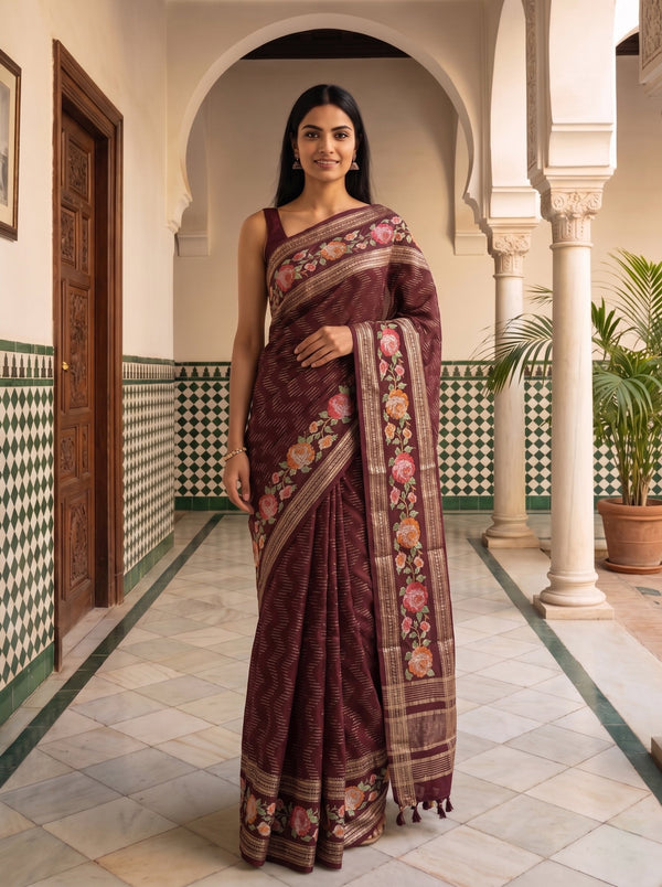 Semi Tussar Deep Wine Floral Embroidery Border Saree