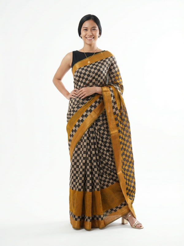 Chanderi Cotton Black Gold Checkered Designer Saree