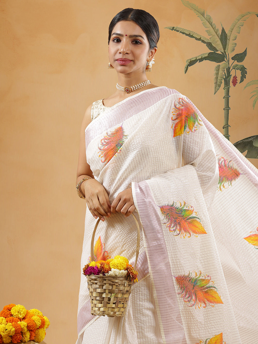 Off White Cotton Rose Gold Border Striped Set Saree With Multi Color Feather Digital Print