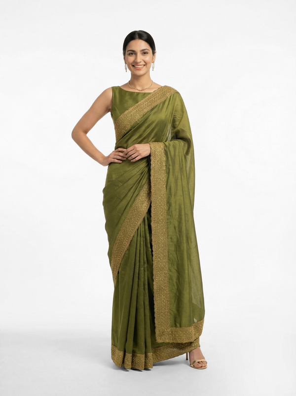 Vijithra Silk Olive Green Rich Zari Border Designer Saree