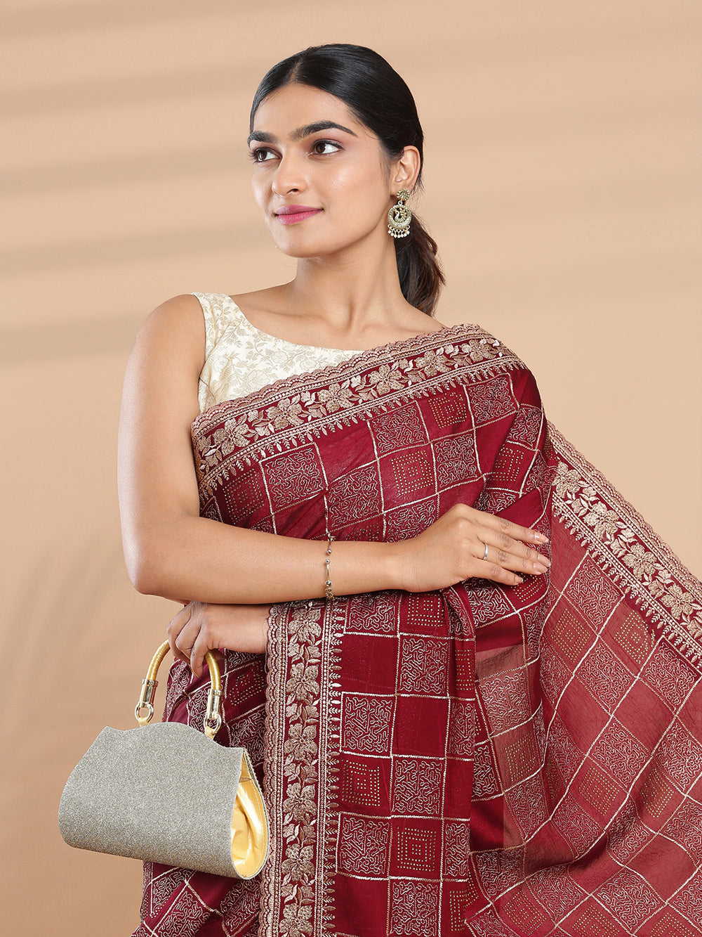 Maroon Color Poly Crepe Saree With Square Designed Work Over Body