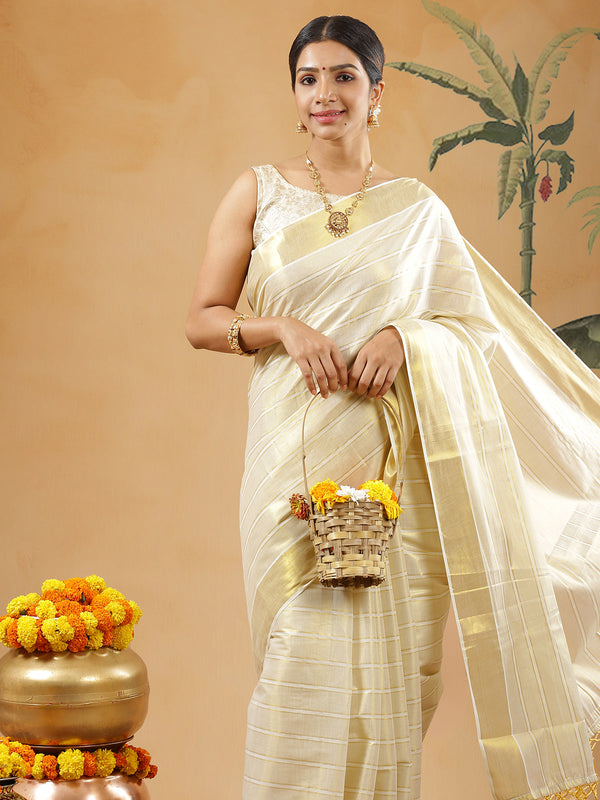 Golden Tissue Set Saree With Golden Bordered Off White Vertical Stripes On Body