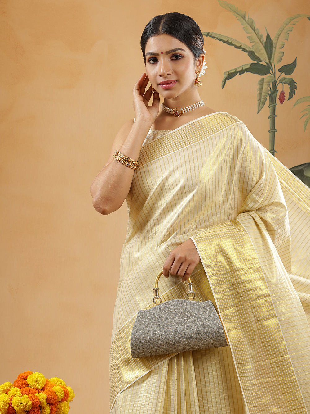 Golden Tissue Vertical Striped Set Saree With Golden Kasavu Border With Thin Off White Stripes