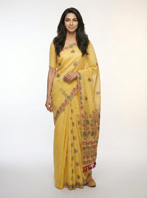 Semi Chanderi Ochre Yellow Traditional Saree with Leaf Pattern Weave
