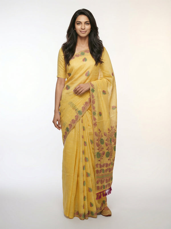 Semi Chanderi Ochre Yellow Traditional Saree with Leaf Pattern Weave