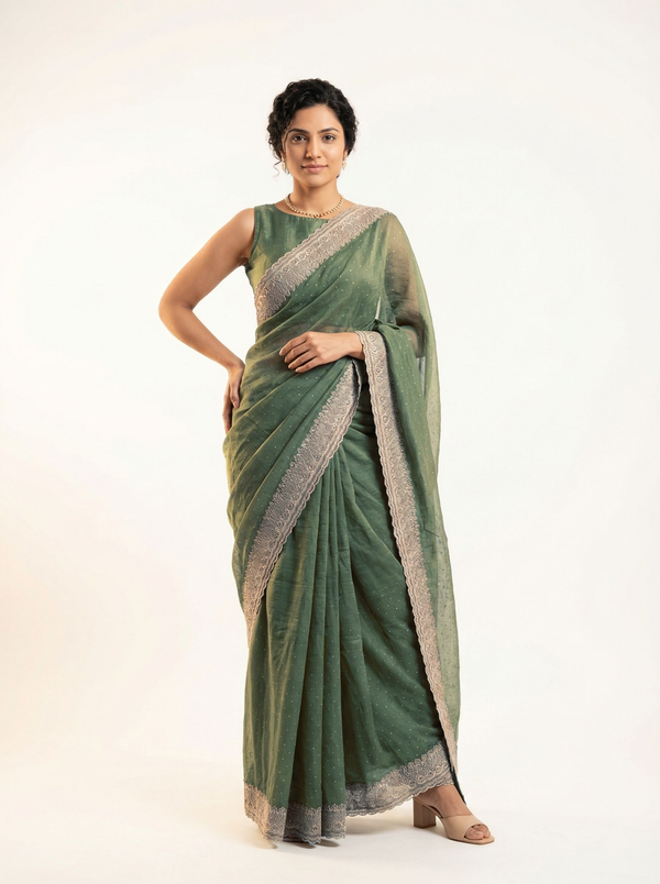 Shimmer Organza Sage Green Designer Saree with Micro Dot Work and Heavy Border