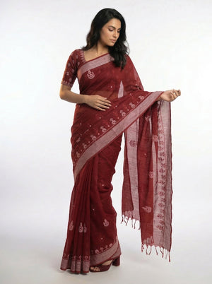 Chanderi Cotton Maroon Red Saree with Zari Border and Floral Butti Work