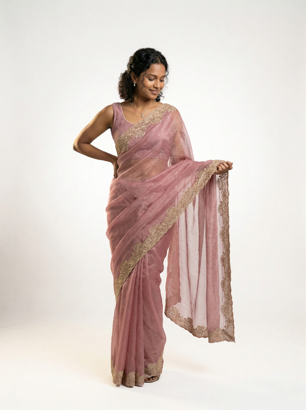 Shimmer Organza Soft Pink Plain Designer Saree with Micro Dot Work and Embroidered Border
