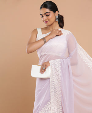 Georgette Lavender Color White Embroidery Border  Saree