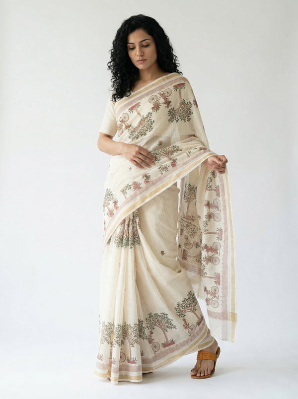 Cotton Off White Saree with Village Scene Print Design