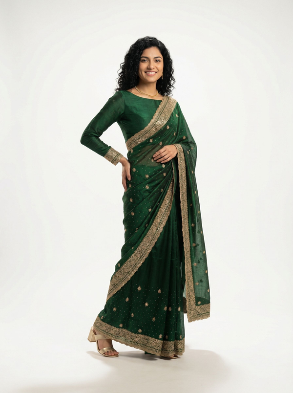 Organza Emerald Green Zari Butta Embroidered Designer Saree