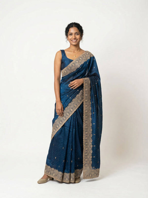 Vijithra Silk Navy Blue Zari Embroidered Designer Saree