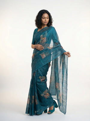 Cotton Teal Blue Floral Design Saree with Modern Print Style