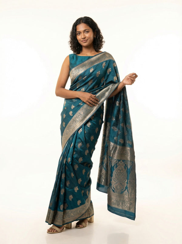 Art Silk Peacock Blue Zari Woven Saree with Floral Butta