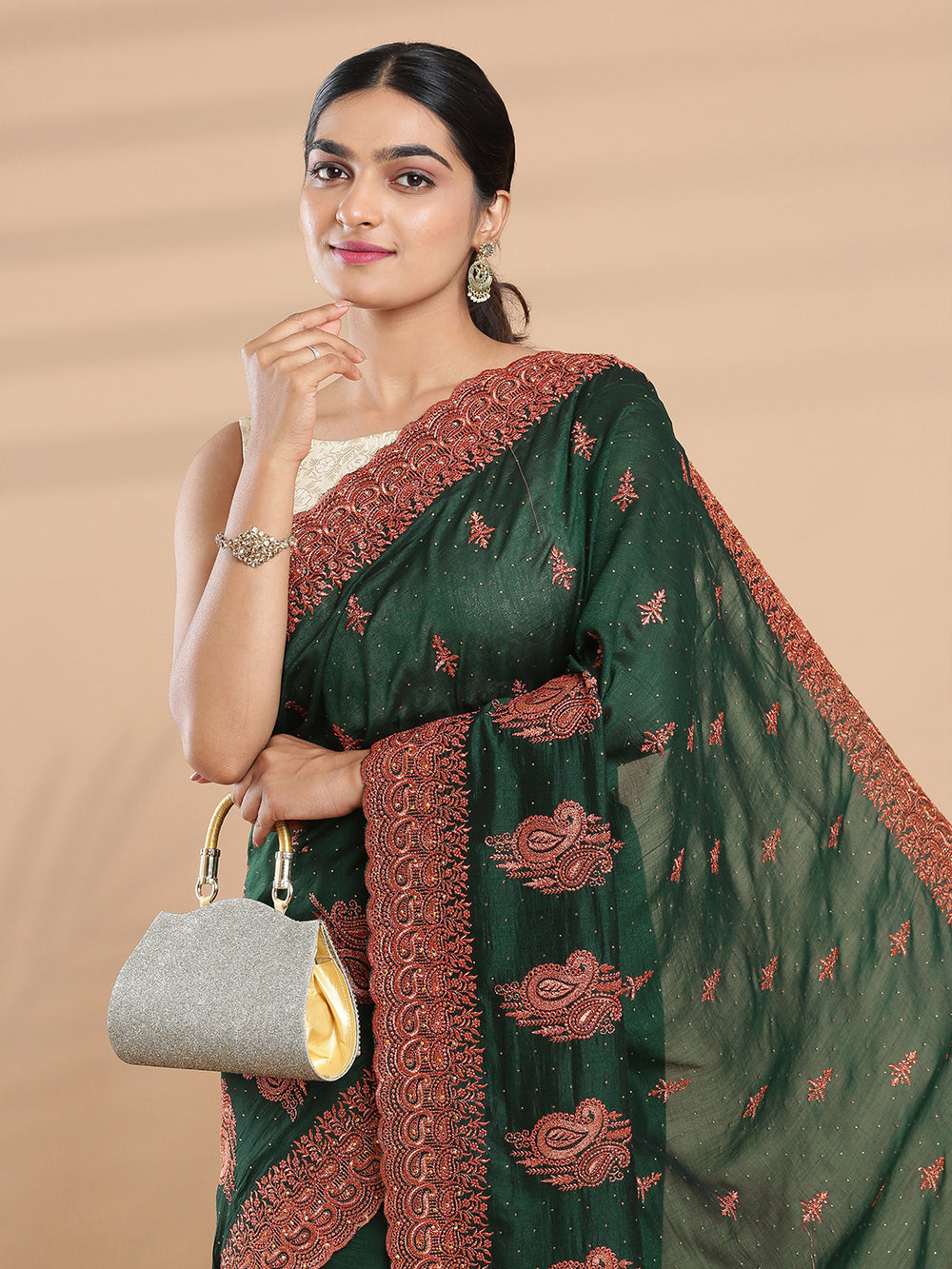 Bottle Green Color Vijithra Silk Saree With Mini Stone Work And Copper Embroidery Butta Design