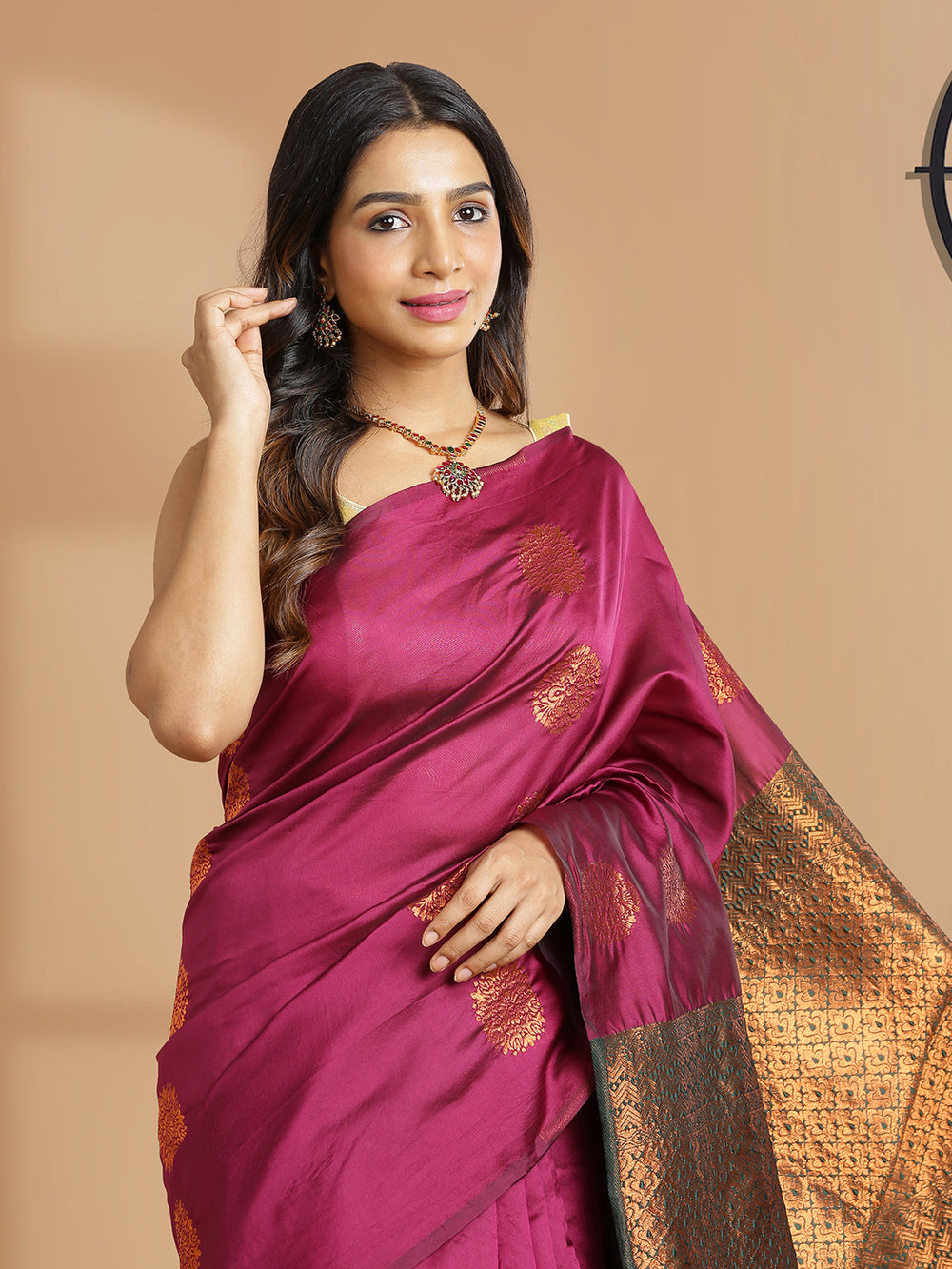 Purple Color Poly Silk Saree With Copper Thread Worked Buttas Over Body