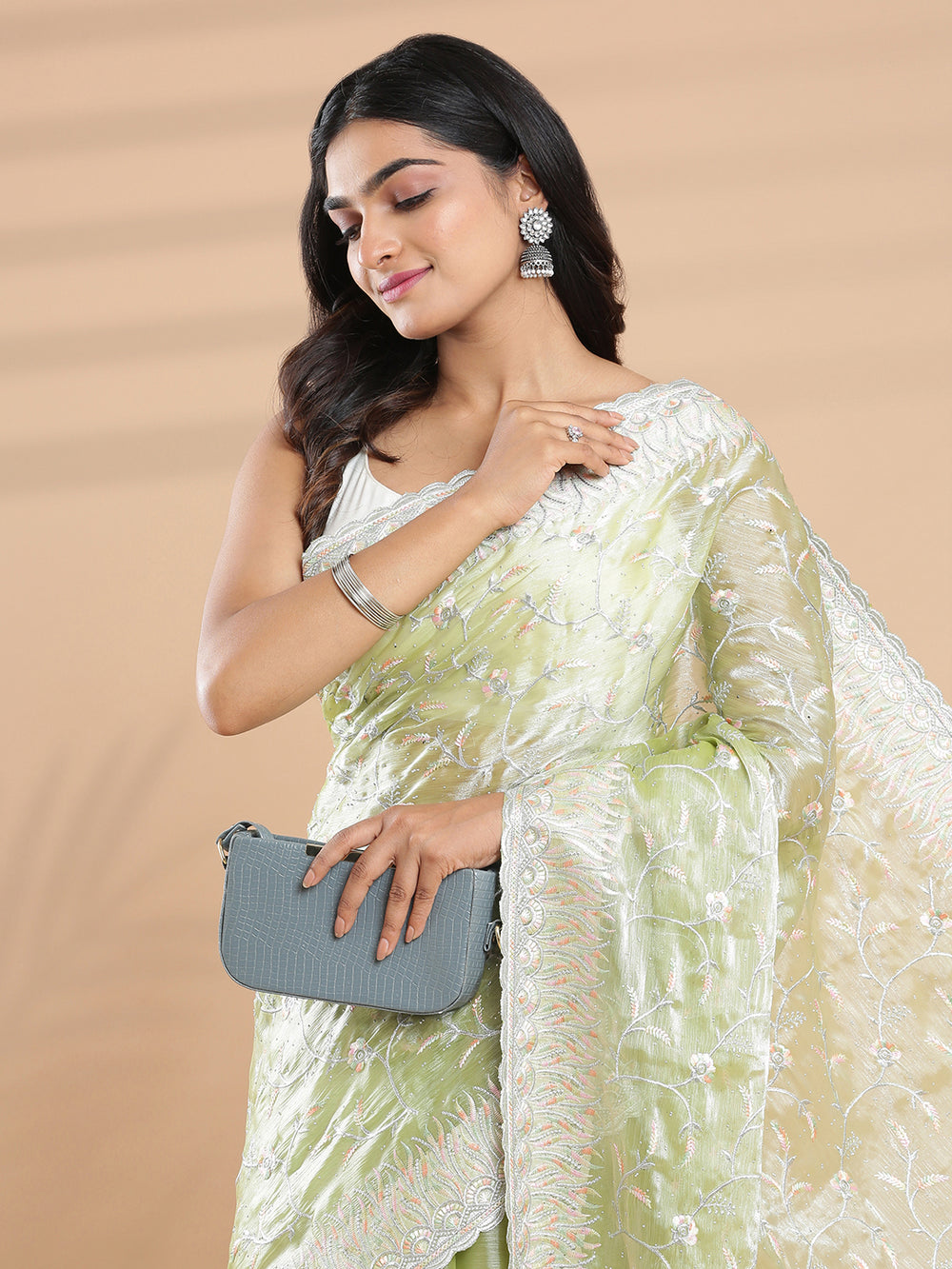 Light Pista Green Color Glass Organza Saree With Embroidery And Mini stone Work Design