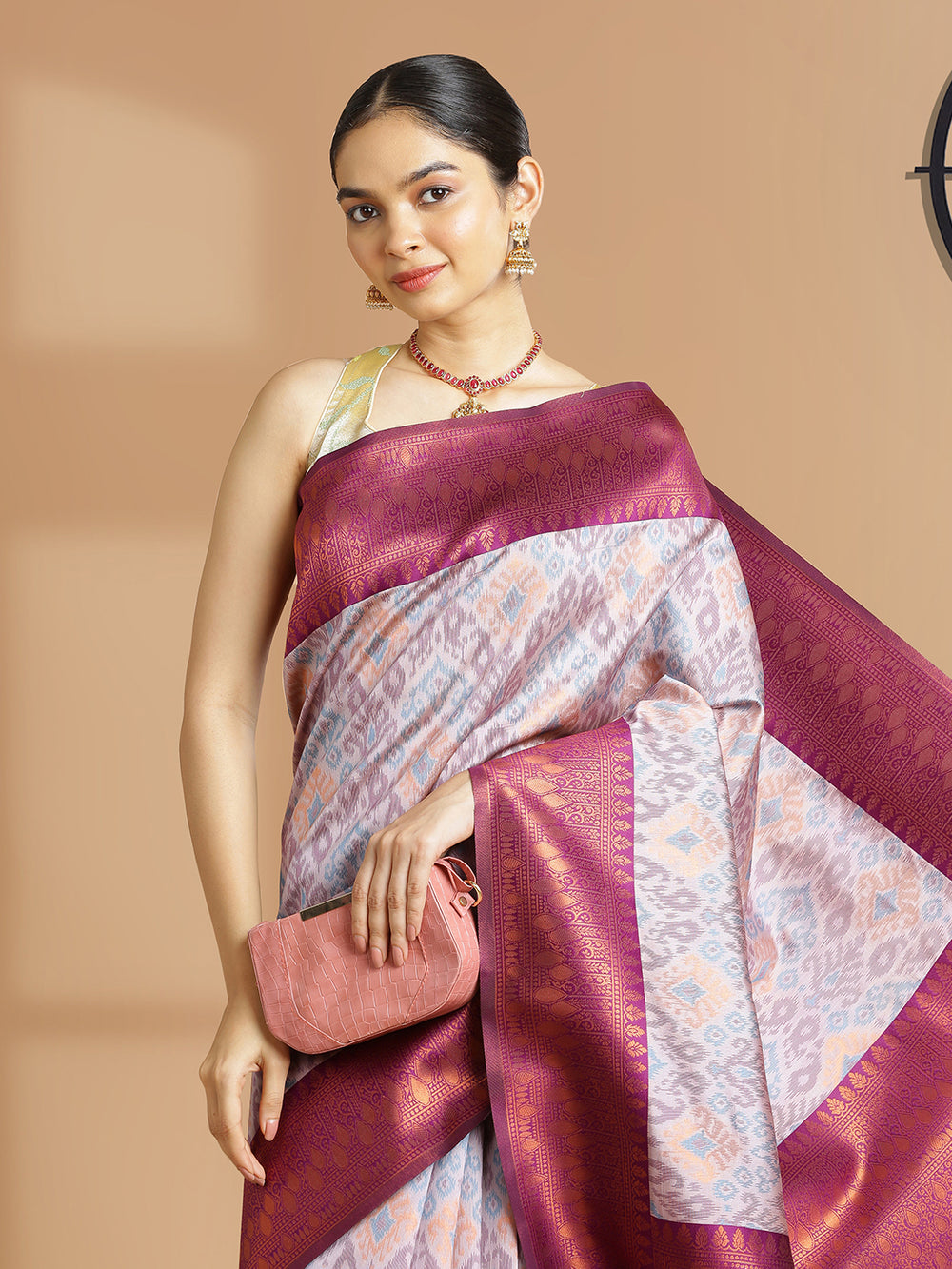 Light Lavender Art Silk Saree With Ikat Design Over Body And Purple Border
