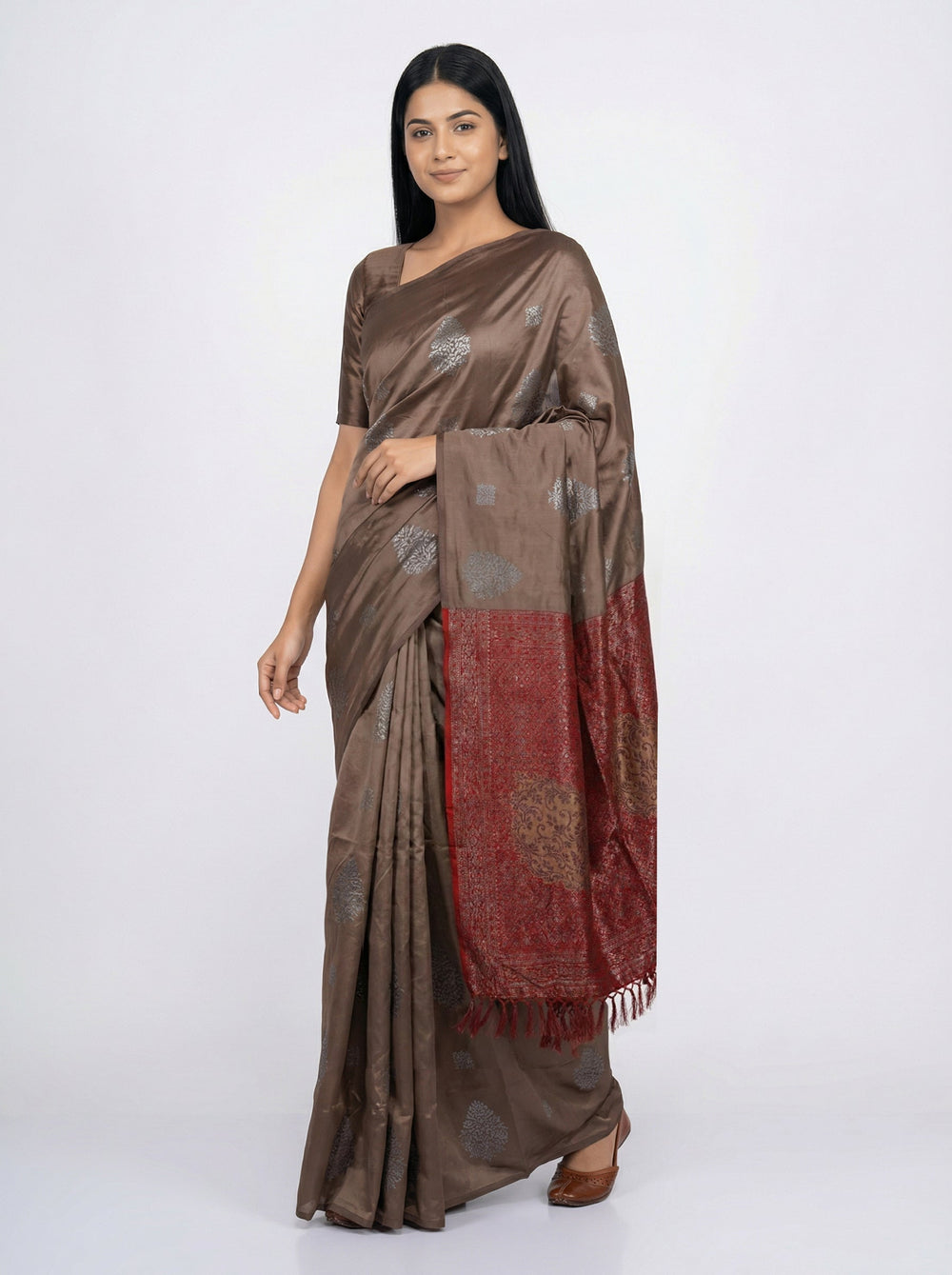 Semi Silk Ivory Brown Saree with Alternative Square and Floral Butta Design & Maroon Blouse