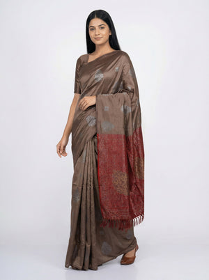 Semi Silk Ivory Brown Saree with Alternative Square and Floral Butta Design & Maroon Blouse