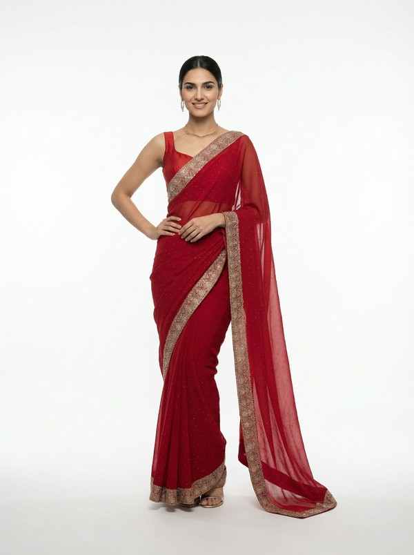 Georgette Classic Red Zari Embellished Designer Saree