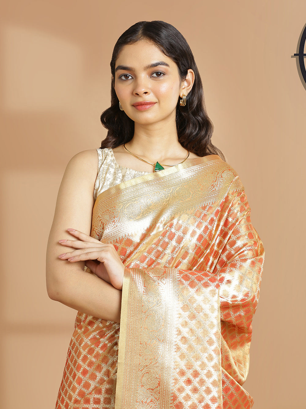 Kalyan Silks Orange Color With Golden Tissue Saree With Golden Thread Design Over Body