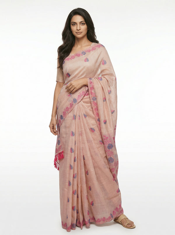 Semi Chanderi Pastel Peach Saree with Spread Dual Tone Leaf Design