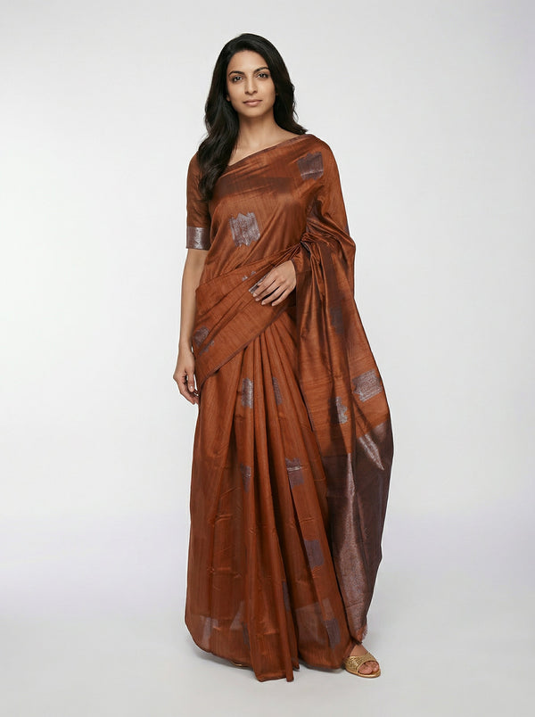 Semi Silk Women’s Brick Colour Saree with Geometric Box Pattern