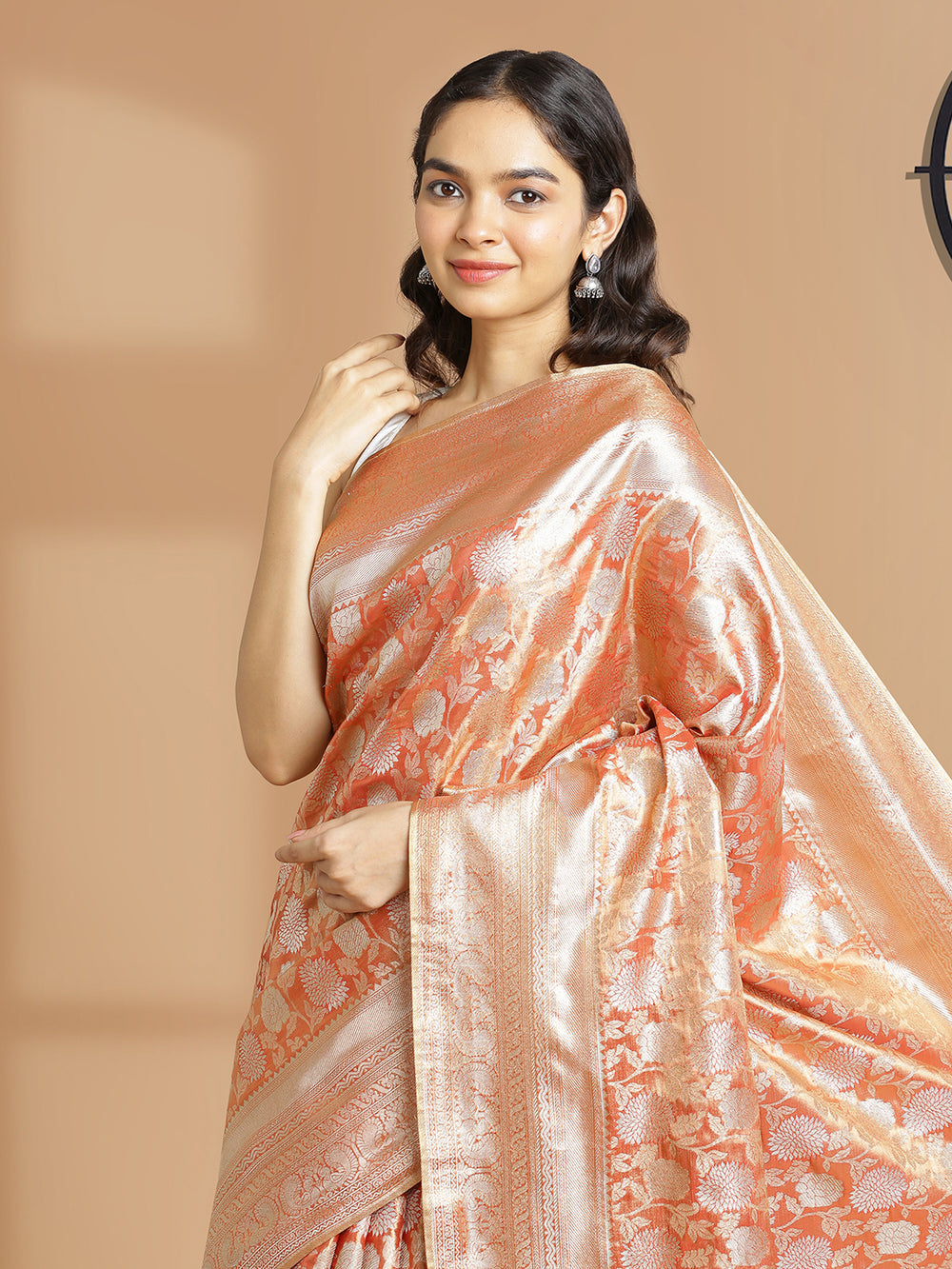 Metalic Rust Color With Golden Tissue Saree With Floral Design And Same Zari Border