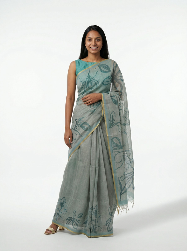 Chanderi Cotton Mist Grey Floral Saree