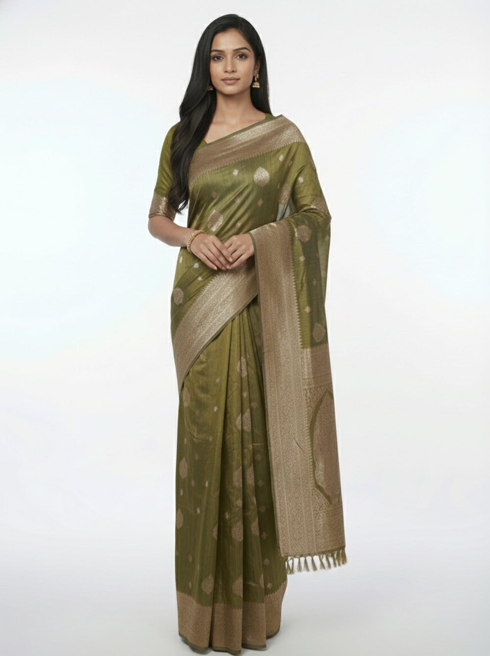 Semi Silk Women’s Olive Green Saree with Spread Butta Motifs