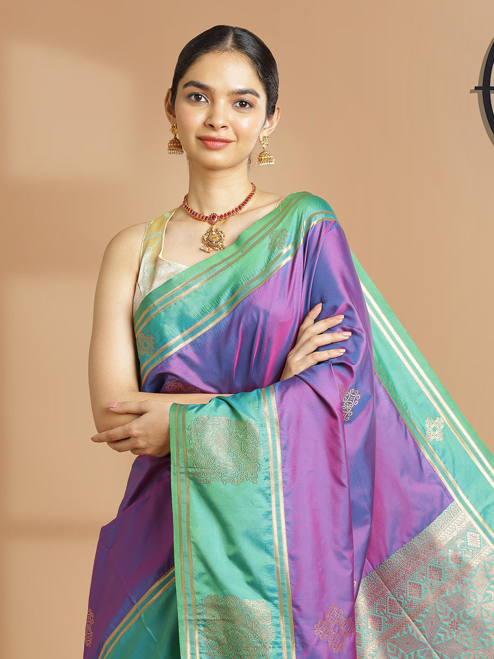 Violet Art Silk Saree With Copper Color Buttas And Green Border