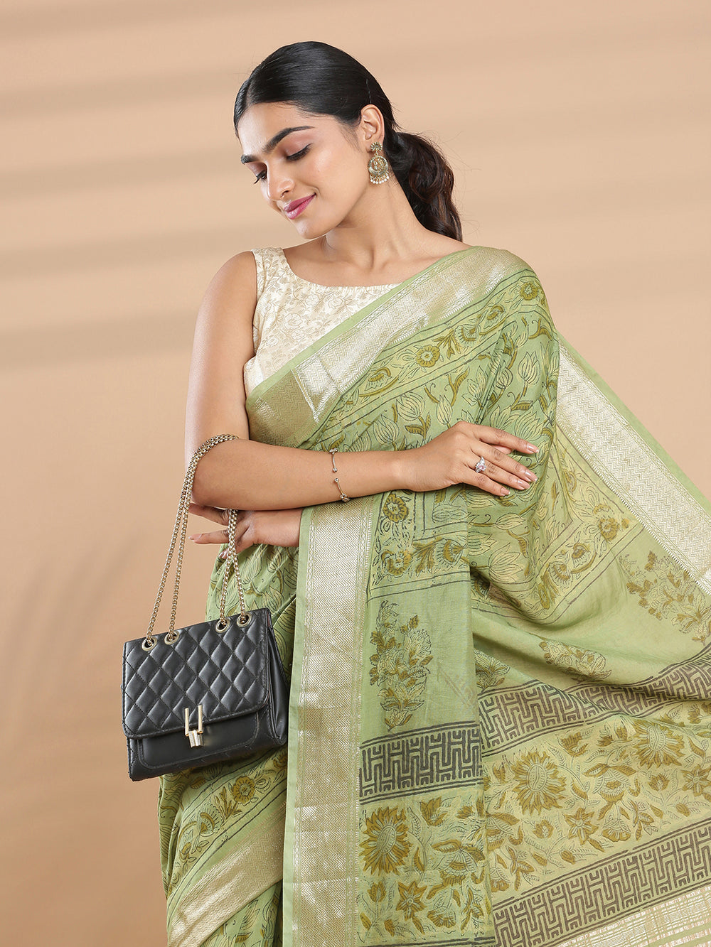 Olive Green Color Semi Tusser Saree With Floral Print Design On Body