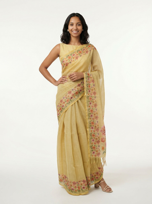 Chanderi Cotton Mustard Floral Border Saree