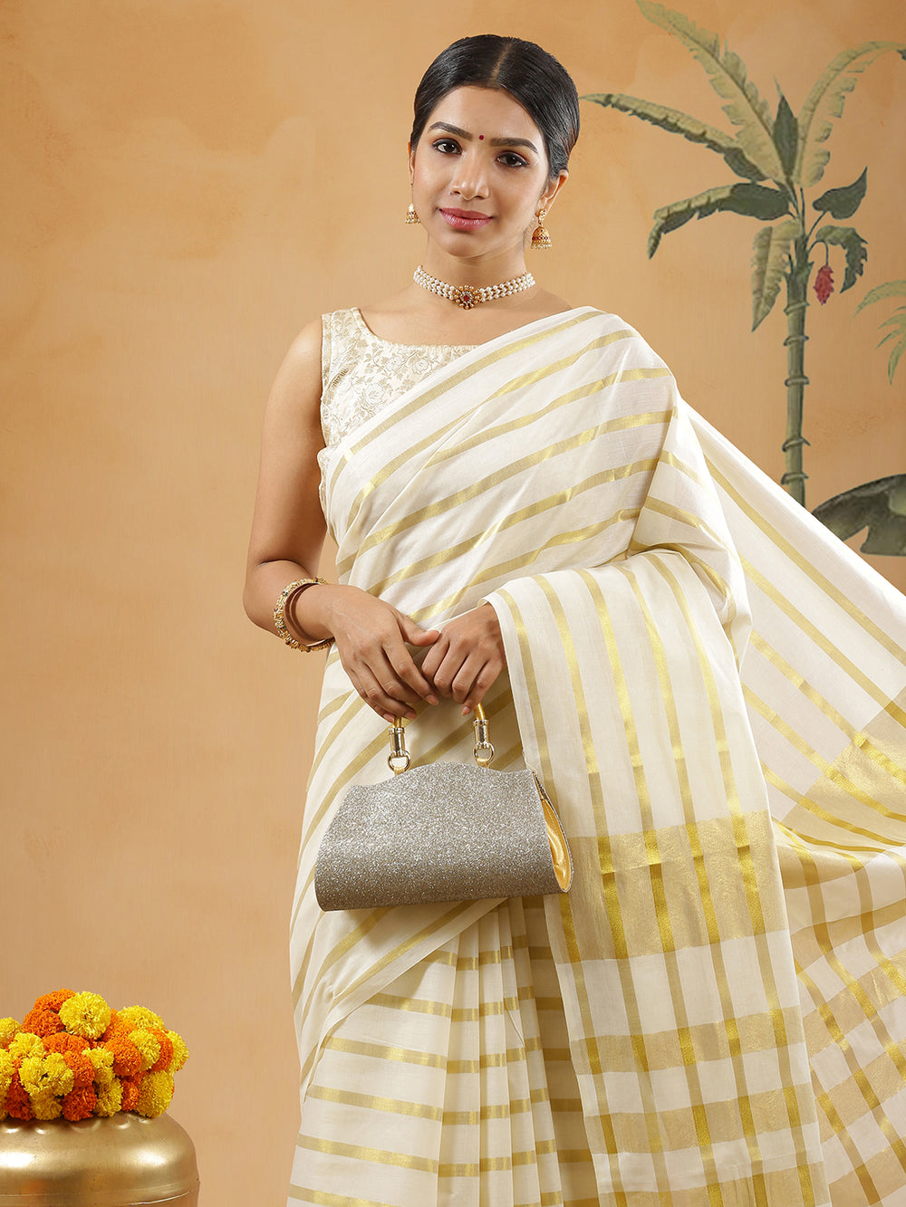 Off White Color Cotton Border Less Set Saree With Horizontal Golden Stripes With Green Tassels