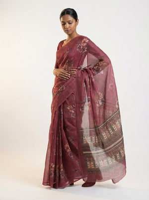 Cotton Saree in Deep Rose Pink with Floral Print and Ethnic Pallu