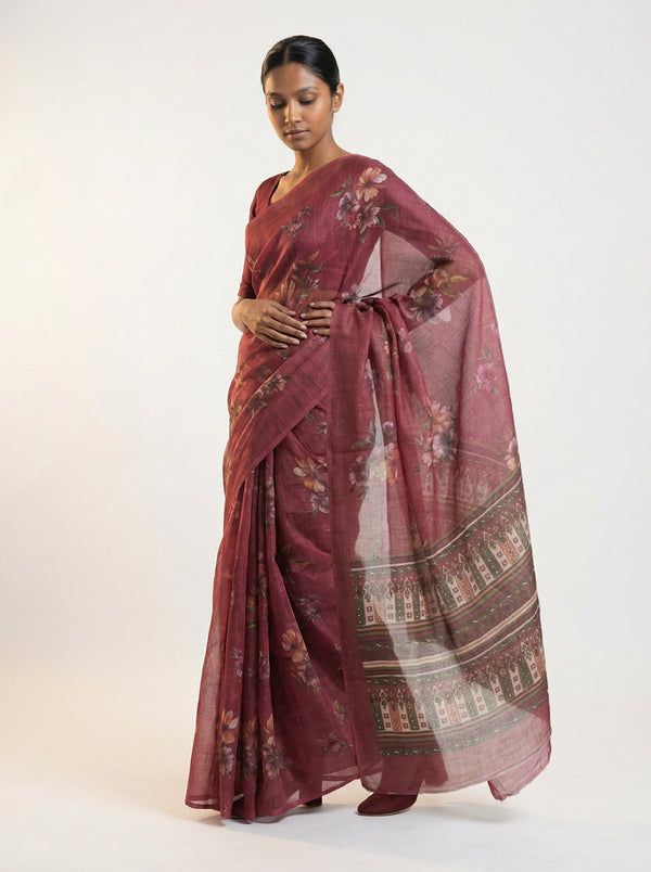 Cotton Saree in Deep Rose Pink with Floral Print and Ethnic Pallu