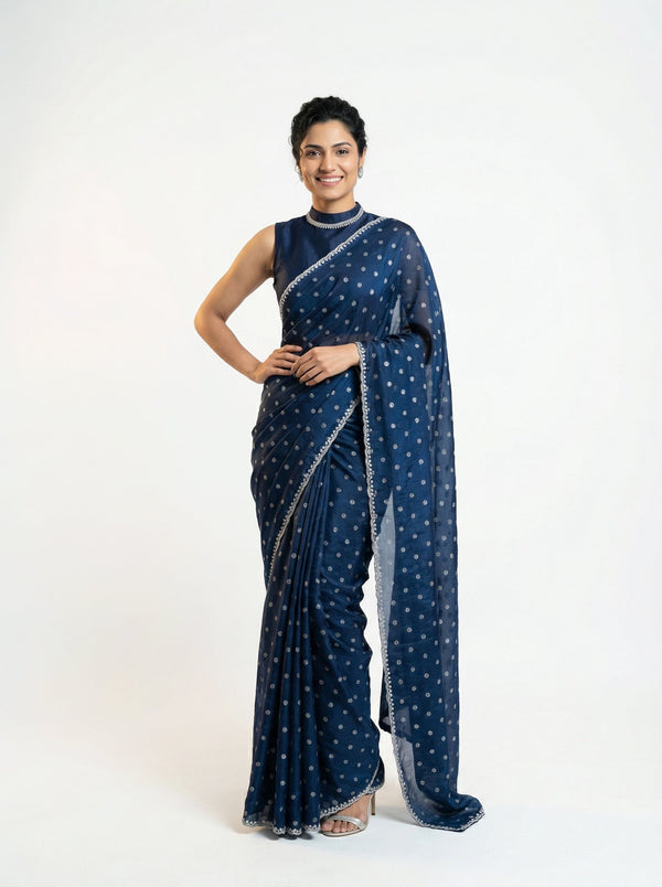 Shimmer Organza Navy Blue Polka Dot Designer Saree with Detailed Border