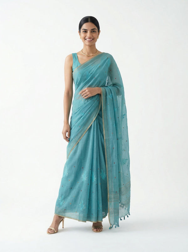 Chanderi Cotton Sky Blue Embroidered Floral Pattern Saree