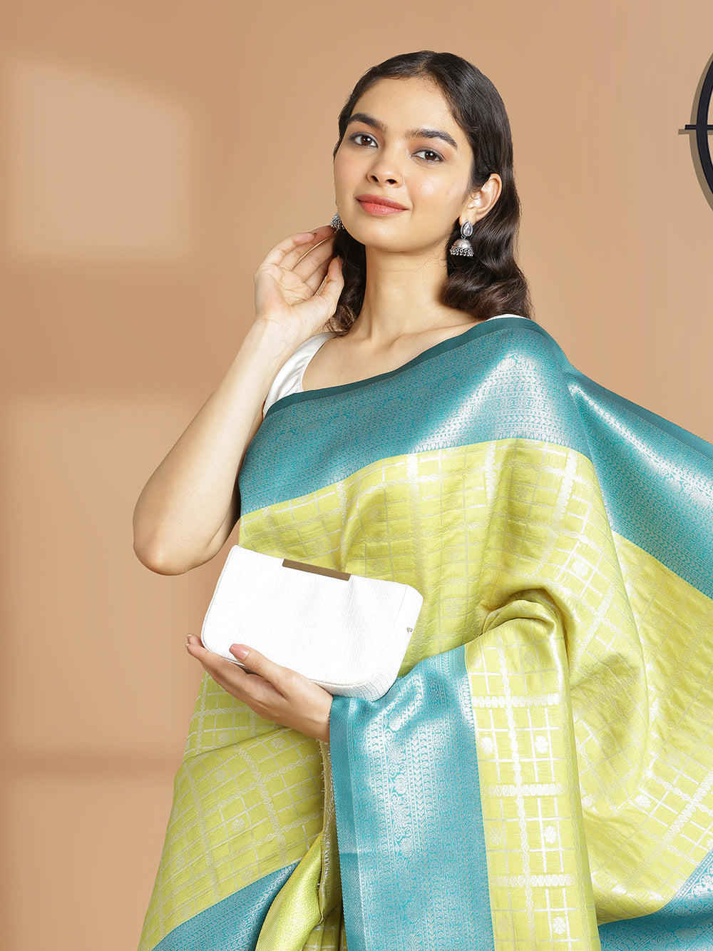Lemon Yellow Silver Check Designed Art Silk Saree With Teal Green Border