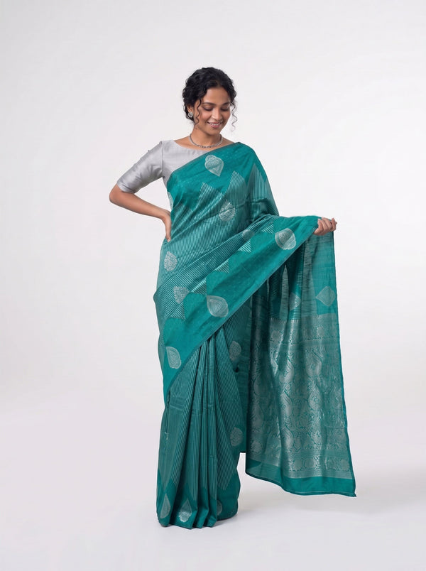 Art Silk Teal Green Silver Zari Woven Saree with Stripes and Paisley Butta