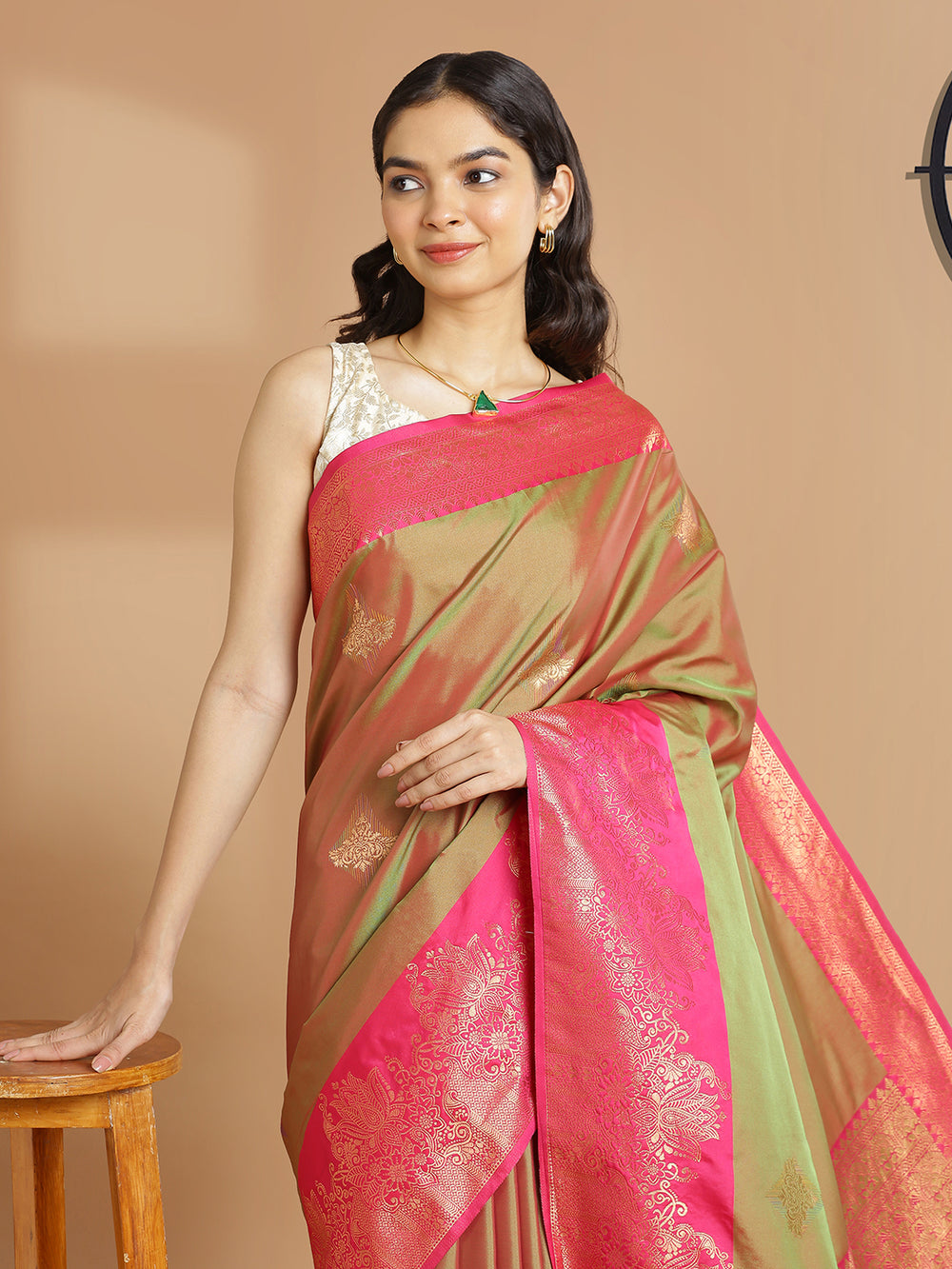 Olive Green Art Silk Saree With Copper Color Buttas And Pink Border