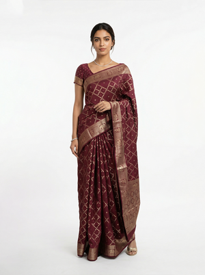 Banarasi  Wine Traditional Motif Weaving Saree