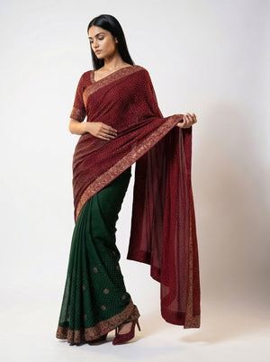 Vijithra Silk Contrast Maroon Green Stone Work Party Wear Saree