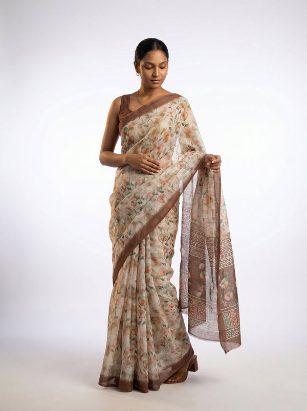 Cotton Cream Saree with Elegant Floral Prints All Over The Body
