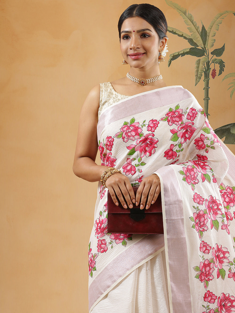 Off White Color Cotton Set Saree With Thin Rose Gold Vertical Stripes And Rose Flower Print