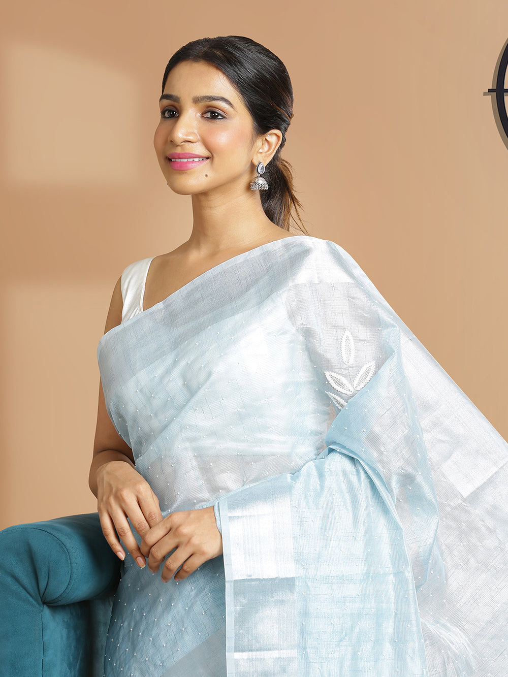Powder Blue Color Semi Chanderi Tissue Cotton Saree With White Pearl Design Over Body