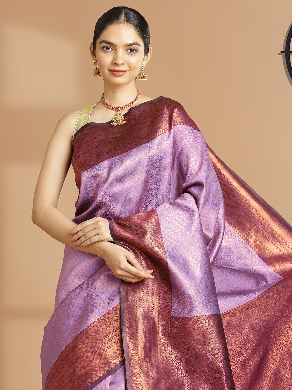 Lavender Color Copper Woven Designed Art Silk Saree With Wine Color Border