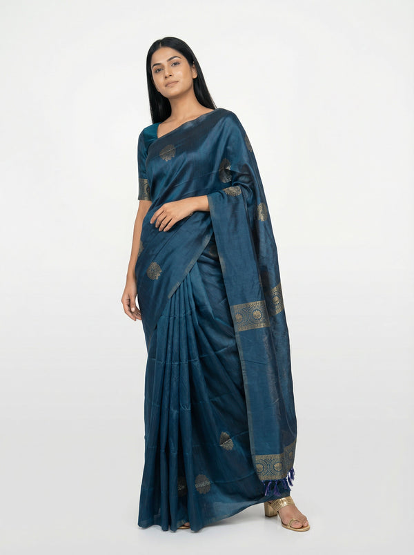 Semi Silk Ethnic Peacock Blue Saree with Traditional Butta Work