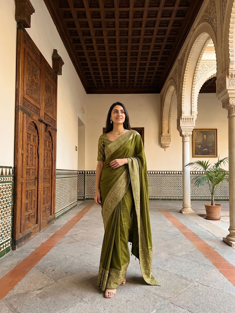 Kanjivaram Olive Green Plain Saree with Heavy Zari Embroidered Border and Rich Designer Pallu
